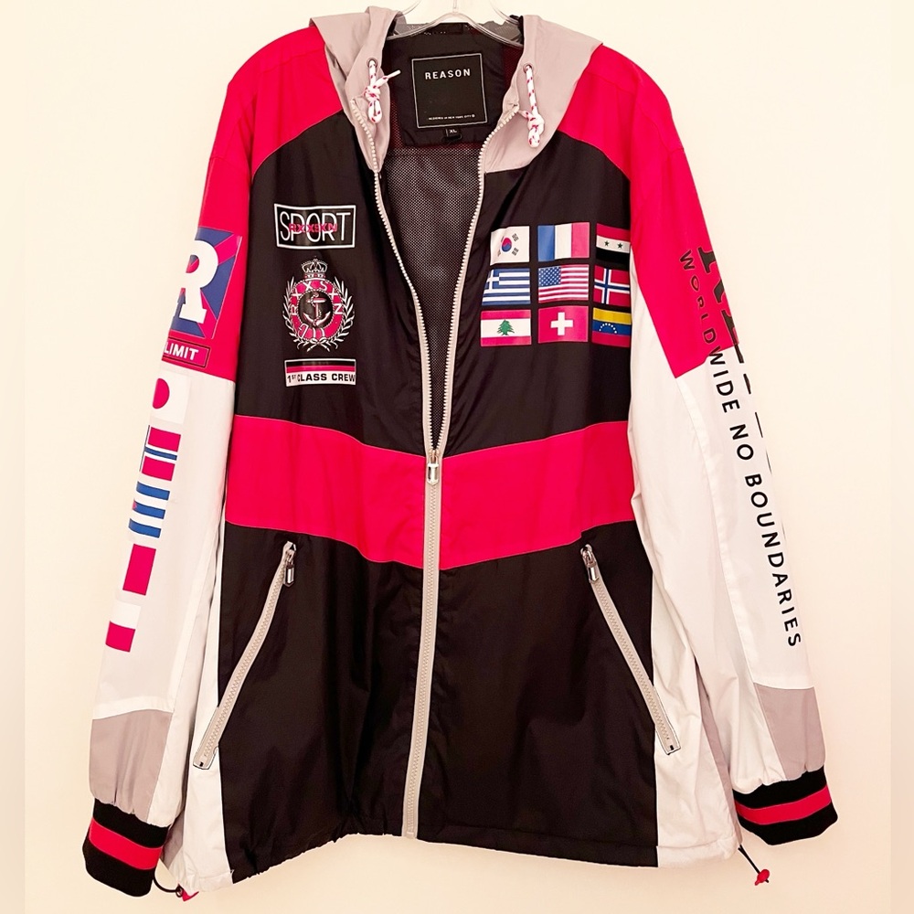 Reason Red and Black Front Zip Hoodie Jacket with Sporty Color-Blocking Size XL